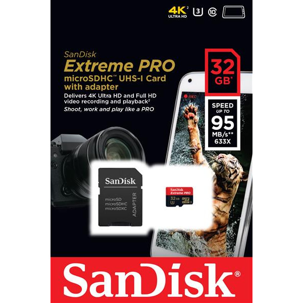 Картка пам'яті SanDisk 32 ГБ microSDHC C10 UHS-I U3 R95/W90 МБ/с 4K Extreme Pro